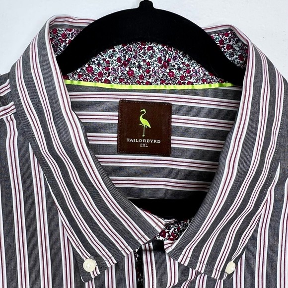 Tailorbyrd Mens Long Sleeve Dress Shirt 2XL Gray Striped Floral Contrast - Picture 3 of 8